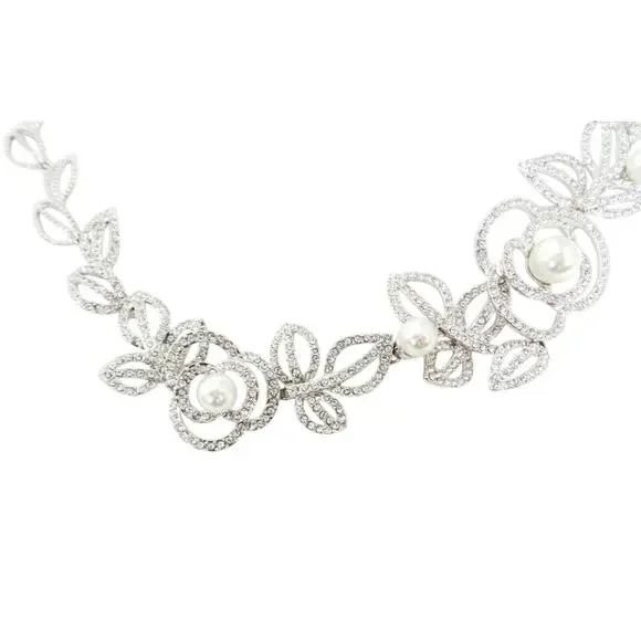Elegant Rhinestone & Acrylic Pearl Silver Floral Necklace - Picture 3 of 6